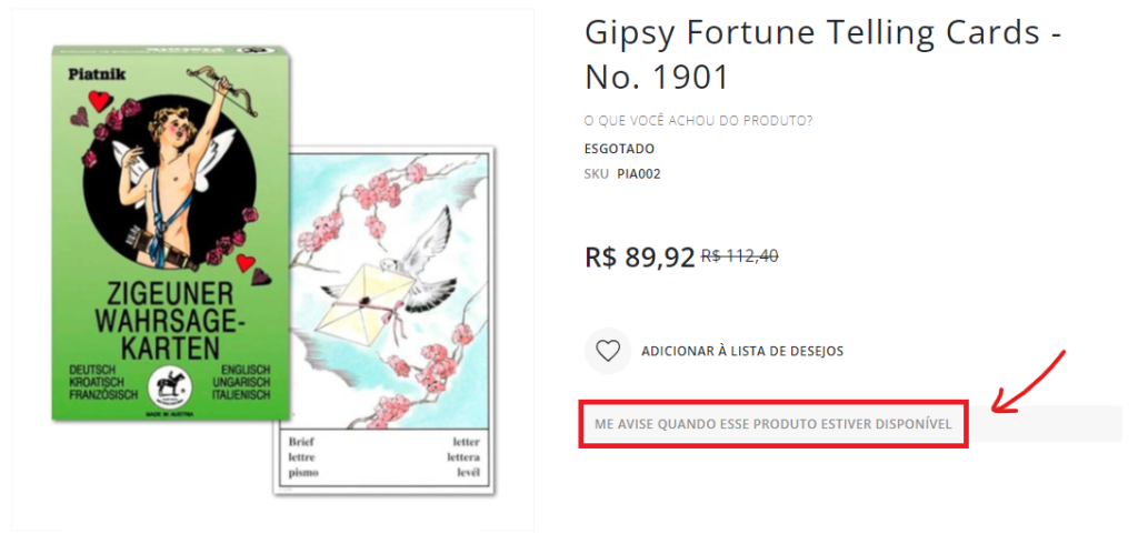 Exemplo de um produto esgotado na loja Simbólika, com uma seta indicando onde clicar para ser notificado assim que o produto voltar ao estoque.