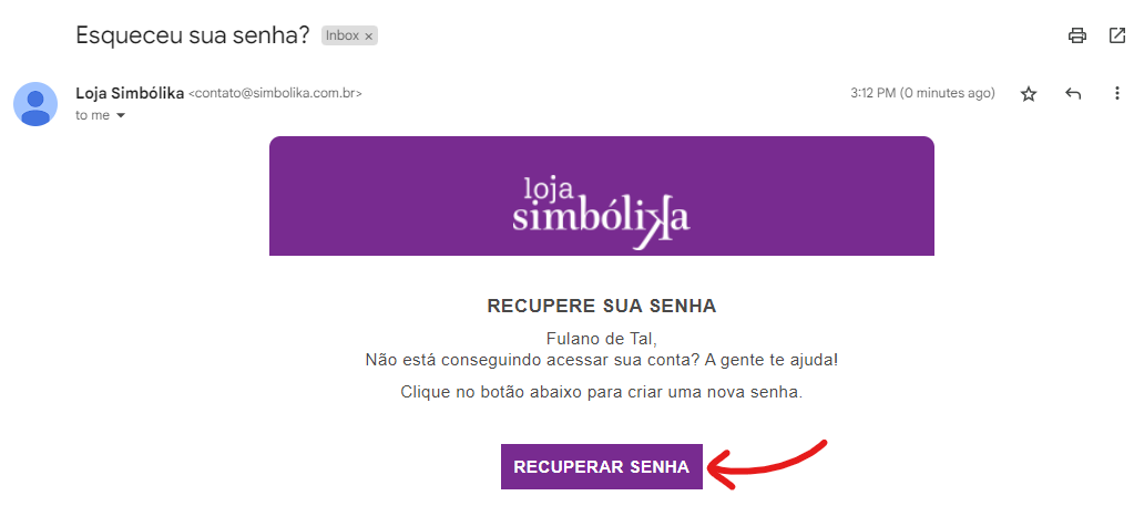 Passo 2 do tutorial de como recuperar senha do cadastro na loja Simbólika.
